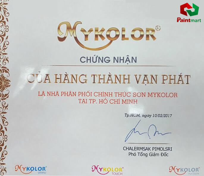 Chứng nhận bảng báo giá sơn mykolor grand của paintmart