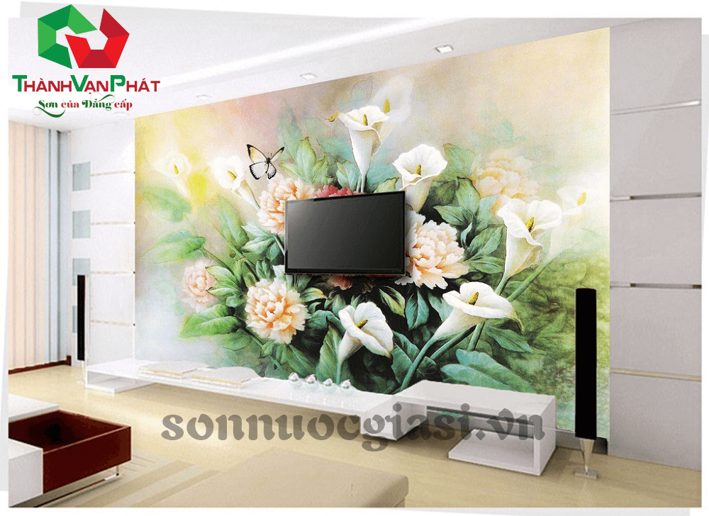 Phòng khách đẹp mê mẩn với những bức tường hoa 3D - phòng khách hình 03