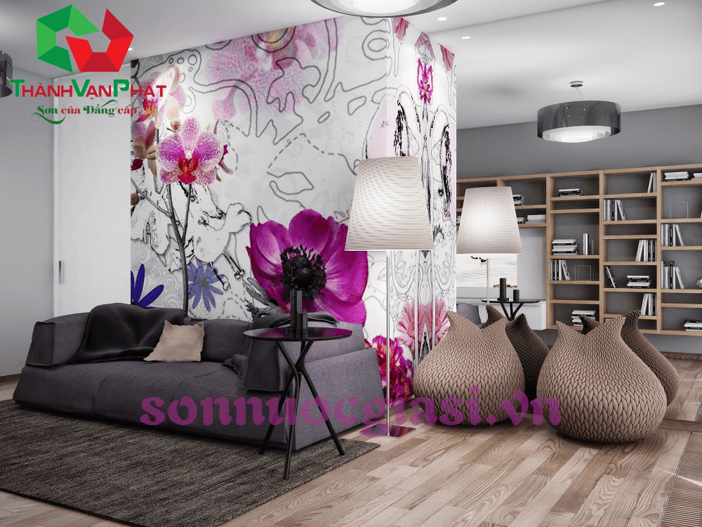 Phòng khách đẹp mê mẩn với những bức tường hoa 3D - phòng khách hình 05